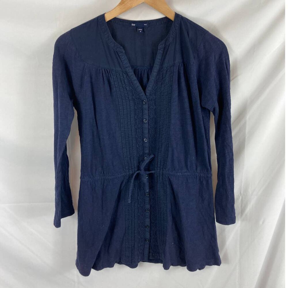 Gap Button Front Tie Waist Dark Blue Cotton Top Size XS